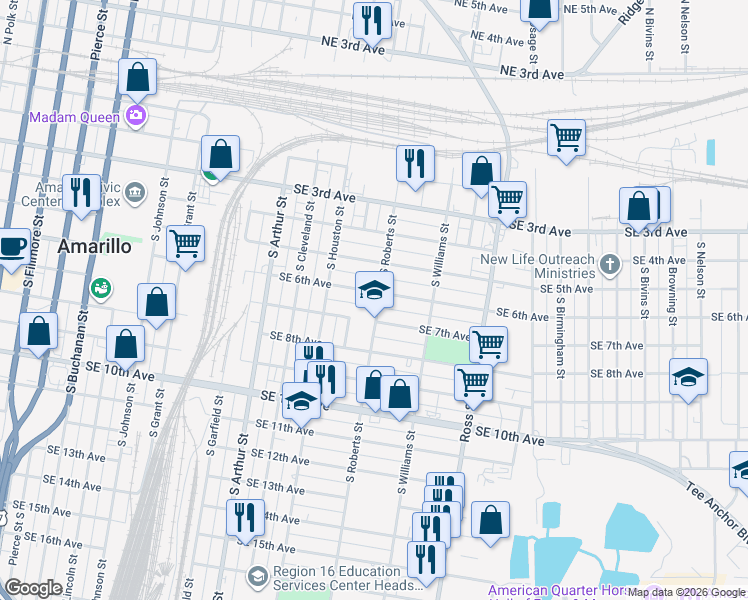 map of restaurants, bars, coffee shops, grocery stores, and more near 1344 Southeast 6th Avenue in Amarillo
