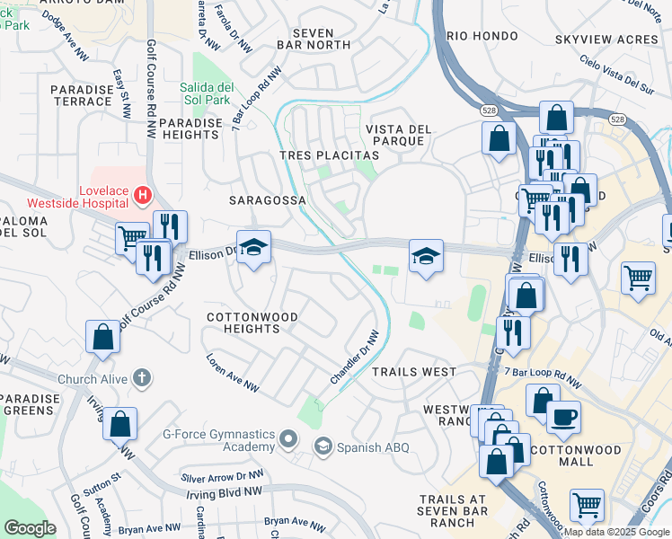 map of restaurants, bars, coffee shops, grocery stores, and more near 4263 Canada Place Northwest in Albuquerque