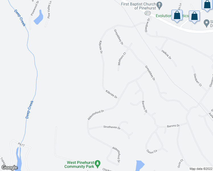 map of restaurants, bars, coffee shops, grocery stores, and more near 67 Kilbride Drive in Pinehurst