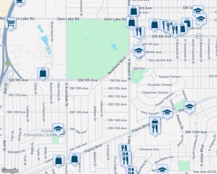 map of restaurants, bars, coffee shops, grocery stores, and more near 4244 Southwest 10th Avenue in Amarillo