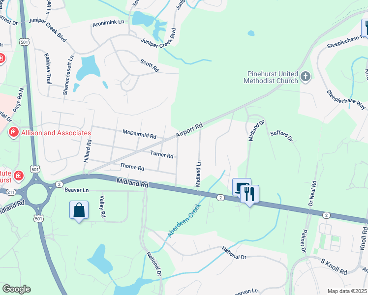 map of restaurants, bars, coffee shops, grocery stores, and more near 70 Windmere Road in Pinehurst