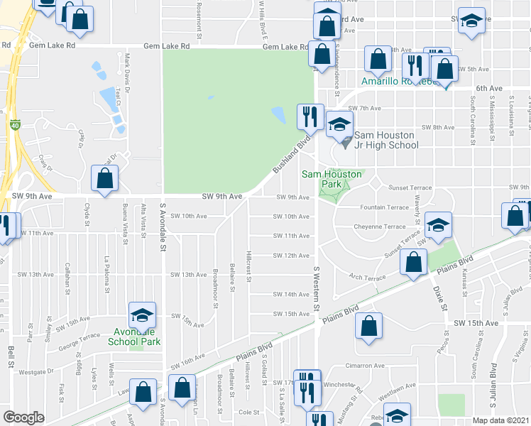 map of restaurants, bars, coffee shops, grocery stores, and more near 4244 Southwest 10th Avenue in Amarillo