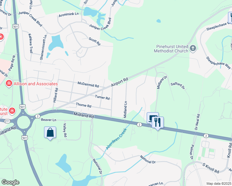 map of restaurants, bars, coffee shops, grocery stores, and more near 70 Windmere Road in Pinehurst