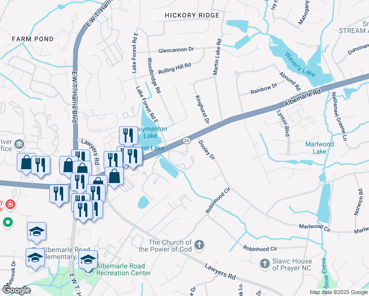 map of restaurants, bars, coffee shops, grocery stores, and more near 5714 Copper Creek Court in Charlotte