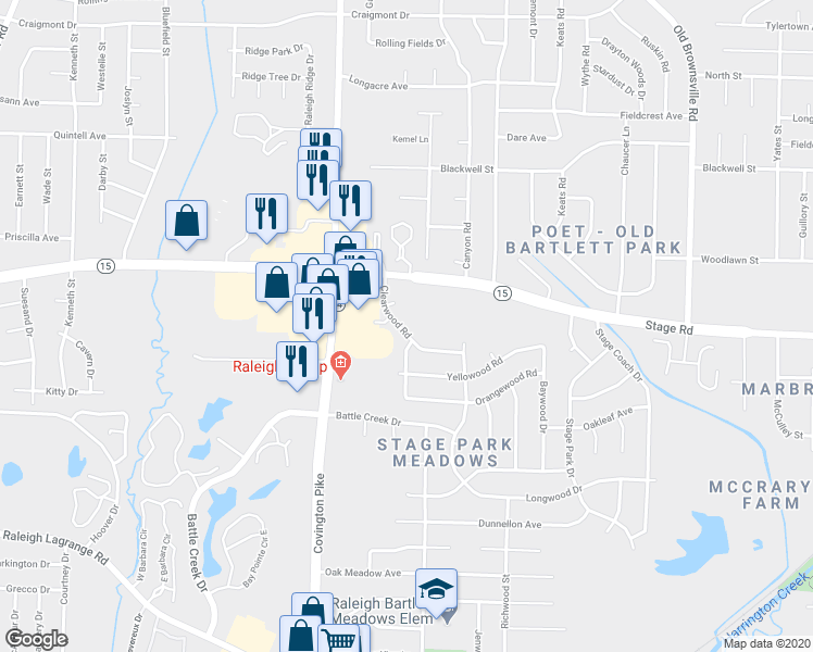 map of restaurants, bars, coffee shops, grocery stores, and more near 2914 Clearwood Road in Memphis