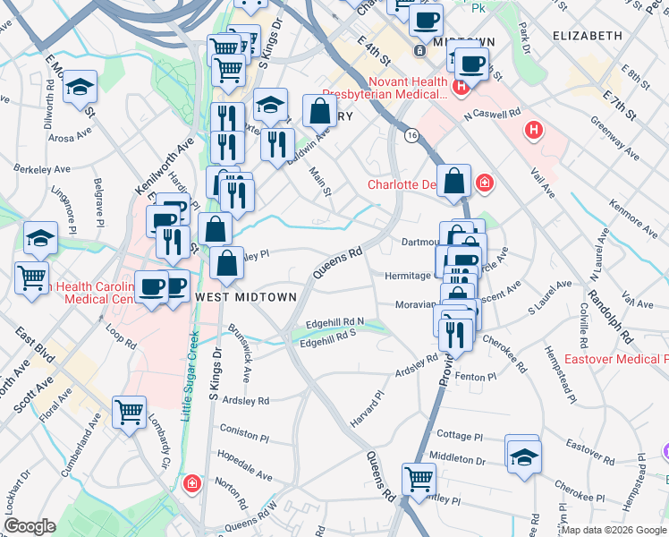 map of restaurants, bars, coffee shops, grocery stores, and more near 801 Queens Road in Charlotte