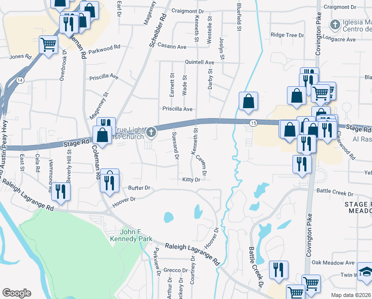map of restaurants, bars, coffee shops, grocery stores, and more near 2905 Kenneth Street in Memphis