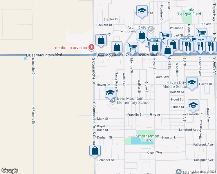 map of restaurants, bars, coffee shops, grocery stores, and more near 1411 Haven Drive in Arvin