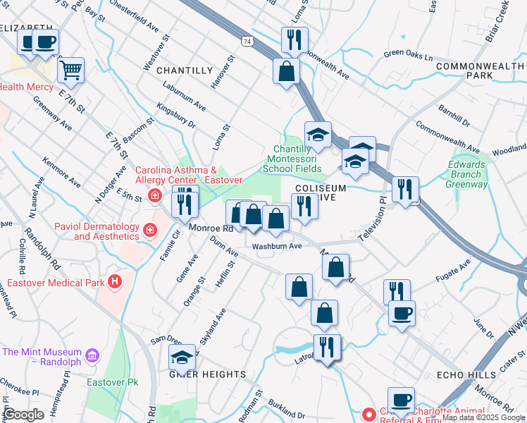 map of restaurants, bars, coffee shops, grocery stores, and more near 523 Colonnade Dr in Charlotte