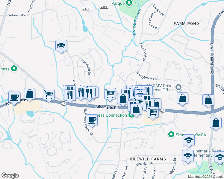 map of restaurants, bars, coffee shops, grocery stores, and more near 6205 Four Seasons Lane in Charlotte