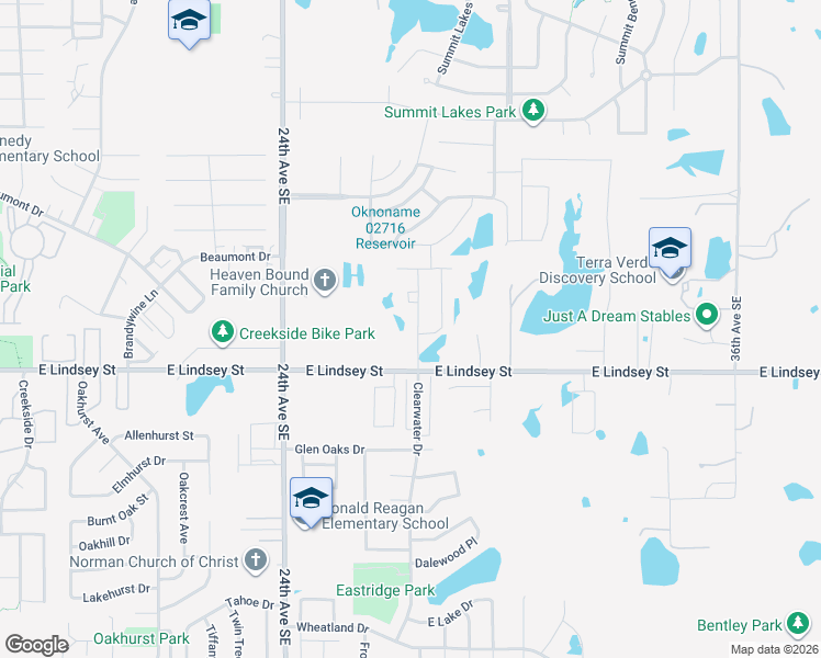 map of restaurants, bars, coffee shops, grocery stores, and more near 2615 East Lindsey Street in Norman