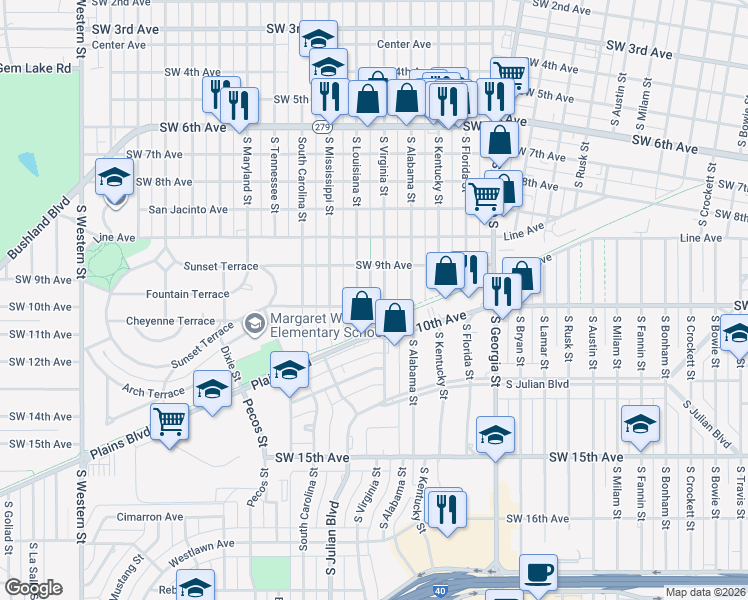 map of restaurants, bars, coffee shops, grocery stores, and more near 3024 Southwest 10th Avenue in Amarillo