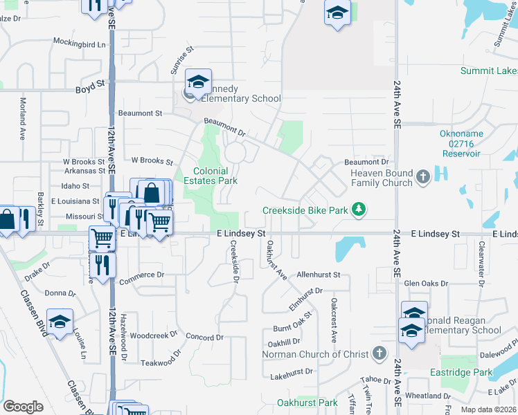 map of restaurants, bars, coffee shops, grocery stores, and more near 1813 Lindsey Street in Norman
