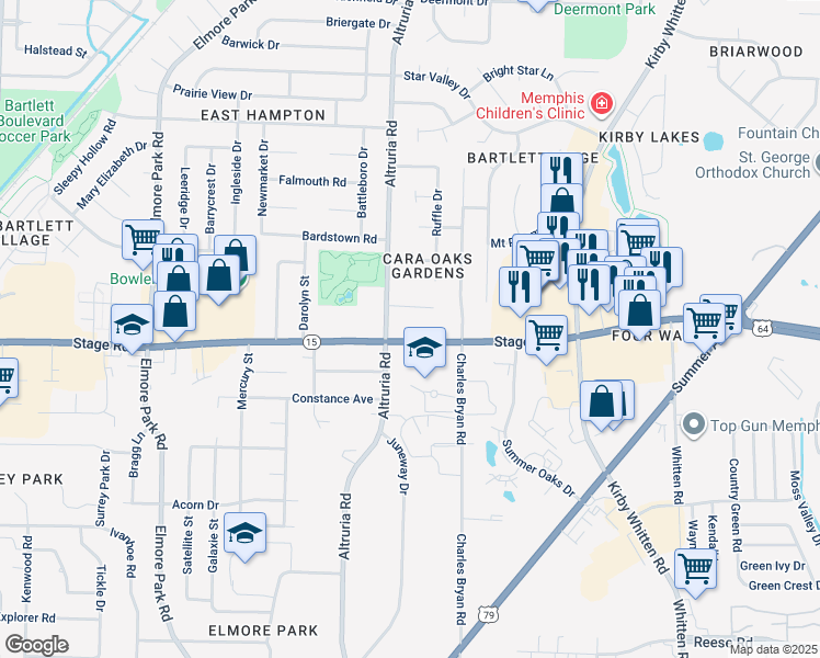 map of restaurants, bars, coffee shops, grocery stores, and more near 6480 Stage Rd in Bartlett