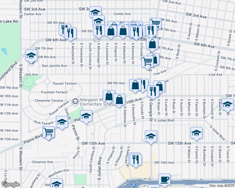 map of restaurants, bars, coffee shops, grocery stores, and more near 3024 Southwest 10th Avenue in Amarillo