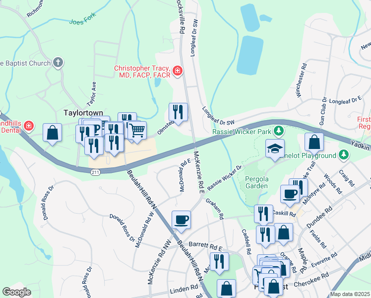 map of restaurants, bars, coffee shops, grocery stores, and more near North Carolina 211 in Pinehurst