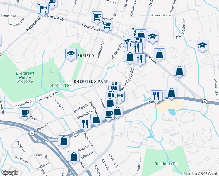 map of restaurants, bars, coffee shops, grocery stores, and more near 3302 Campbell Drive in Charlotte