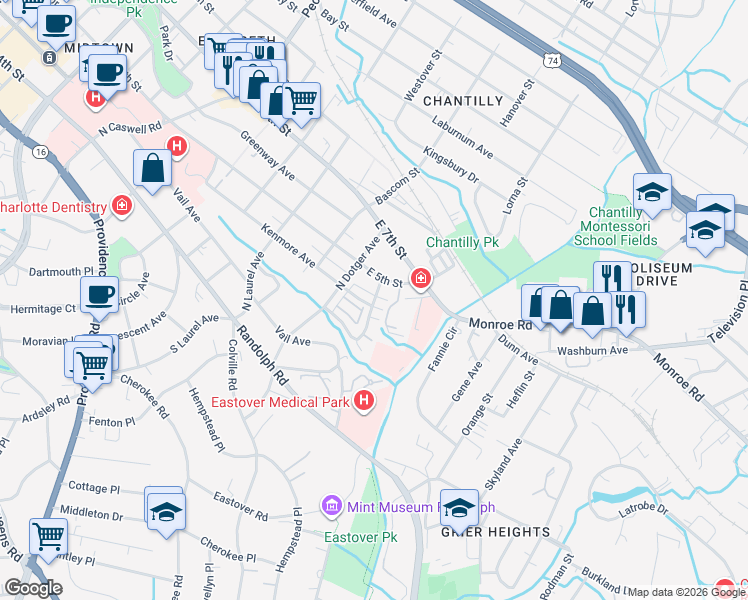 map of restaurants, bars, coffee shops, grocery stores, and more near in Charlotte