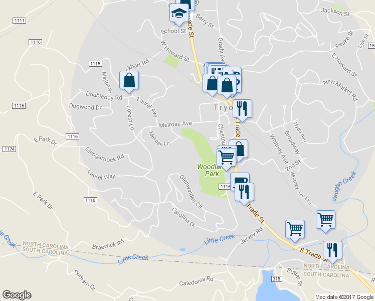 map of restaurants, bars, coffee shops, grocery stores, and more near 180 Melrose Circle in Tryon