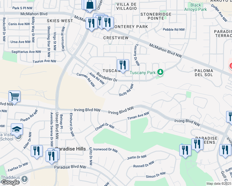 map of restaurants, bars, coffee shops, grocery stores, and more near 5605 Sicily Road Northwest in Albuquerque