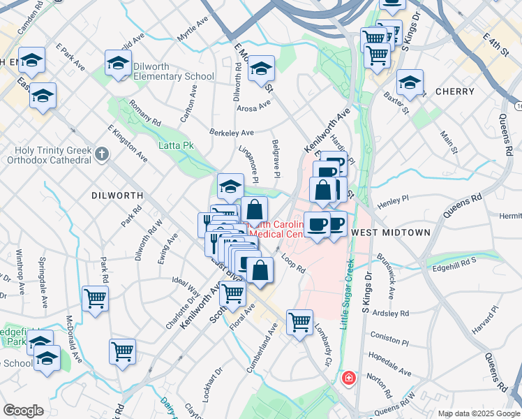 map of restaurants, bars, coffee shops, grocery stores, and more near in Charlotte