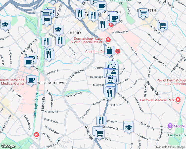map of restaurants, bars, coffee shops, grocery stores, and more near 610 Hermitage Court in Charlotte