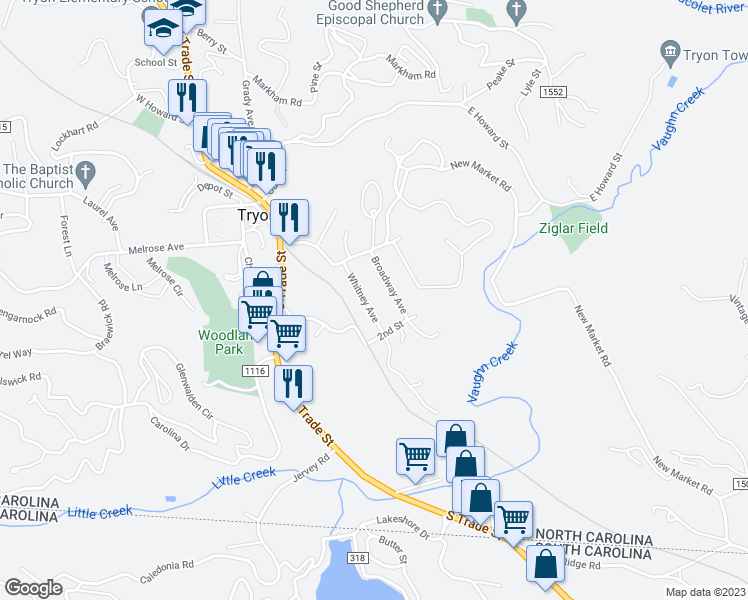 map of restaurants, bars, coffee shops, grocery stores, and more near 117 Whitney Avenue in Tryon