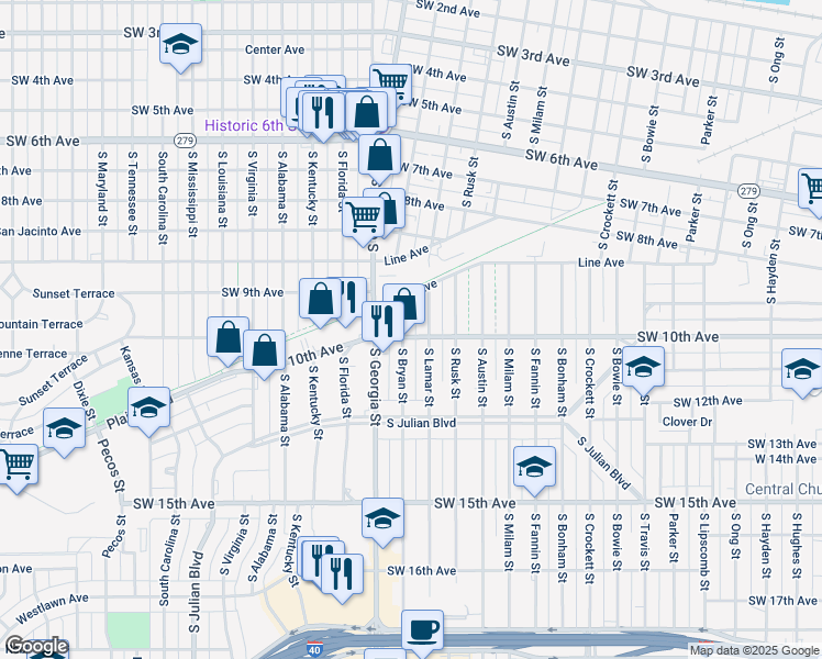 map of restaurants, bars, coffee shops, grocery stores, and more near 929 South Bryan Street in Amarillo