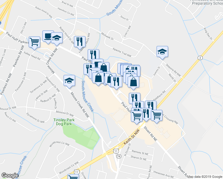 map of restaurants, bars, coffee shops, grocery stores, and more near 209 Paul Huff Parkway in Cleveland