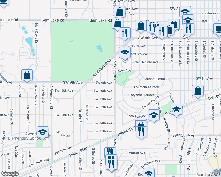 map of restaurants, bars, coffee shops, grocery stores, and more near 908 South Western Street in Amarillo