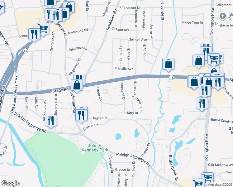 map of restaurants, bars, coffee shops, grocery stores, and more near 2921 Suesand Drive in Memphis