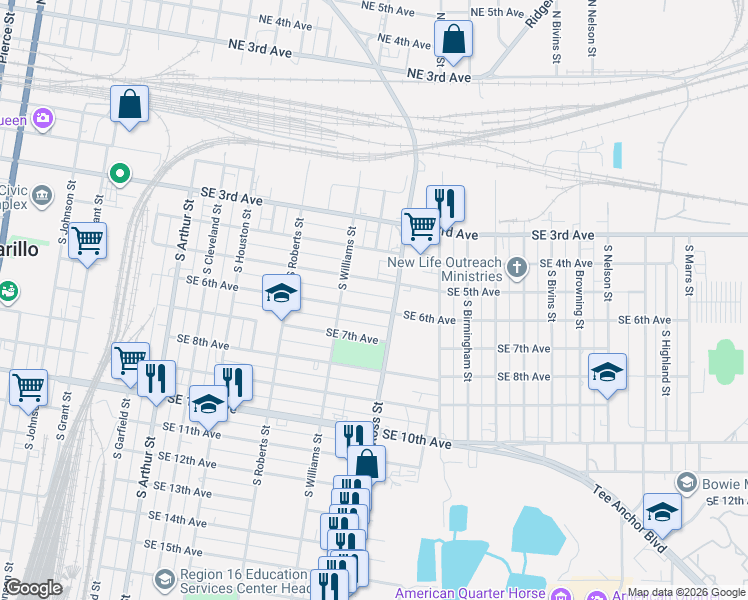 map of restaurants, bars, coffee shops, grocery stores, and more near 1721 SE 6th Ave in Amarillo