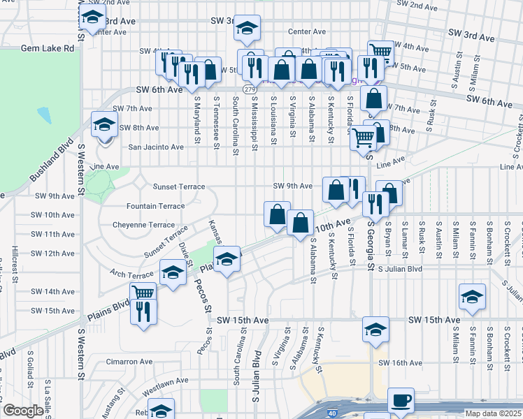 map of restaurants, bars, coffee shops, grocery stores, and more near 3200 Southwest 10th Avenue in Amarillo