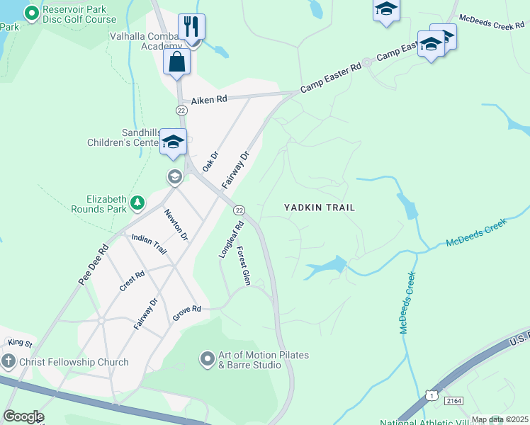 map of restaurants, bars, coffee shops, grocery stores, and more near 115 Pinecone Court in Seven Lakes