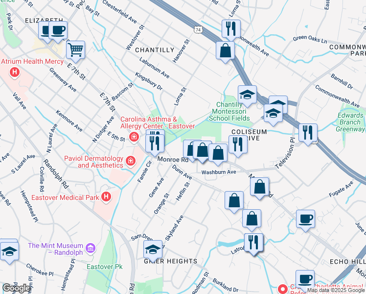 map of restaurants, bars, coffee shops, grocery stores, and more near 532 Bramlet Road in Charlotte