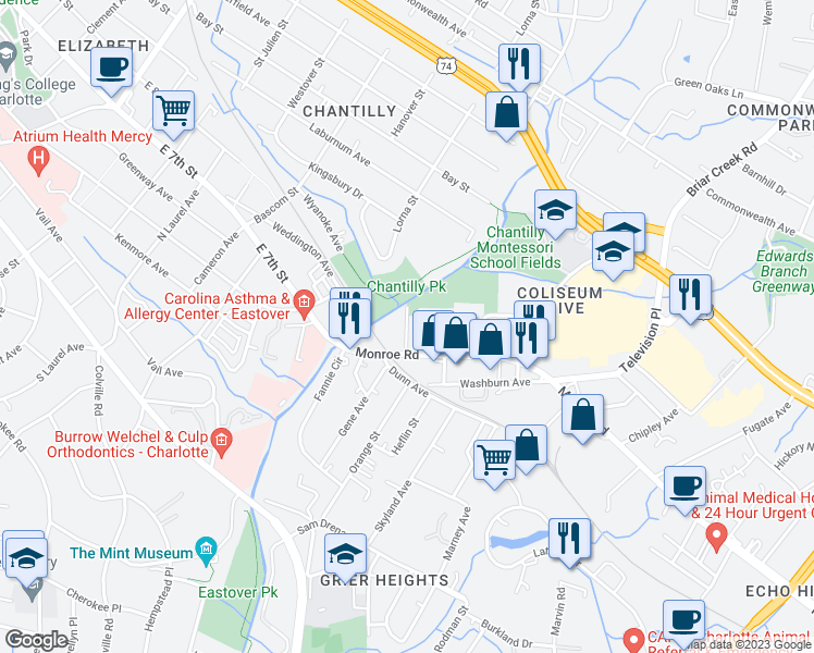 map of restaurants, bars, coffee shops, grocery stores, and more near 532 Bramlet Road in Charlotte