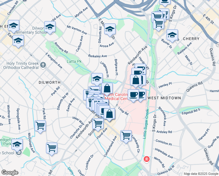 map of restaurants, bars, coffee shops, grocery stores, and more near 1425 Waverly Avenue in Charlotte