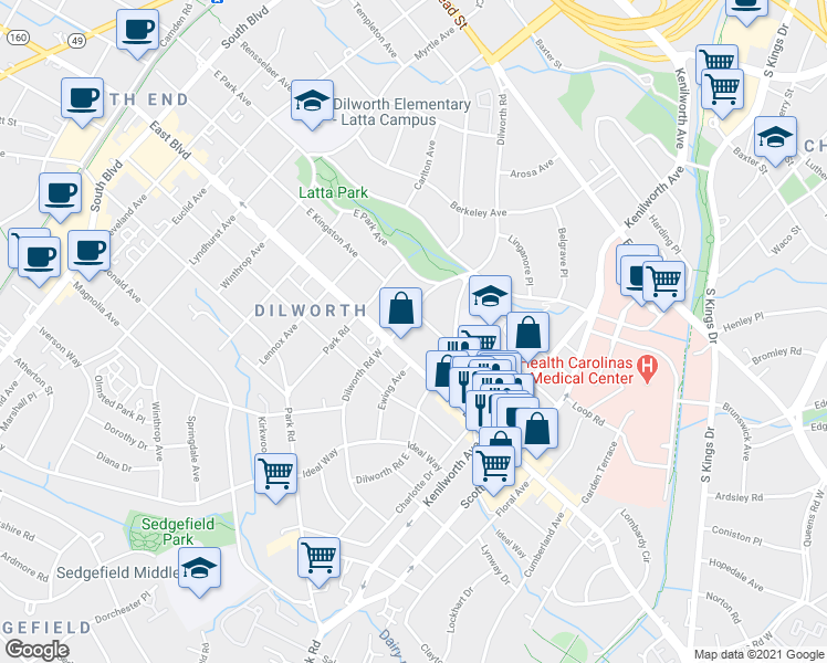 map of restaurants, bars, coffee shops, grocery stores, and more near 1020 Isleworth Avenue in Charlotte