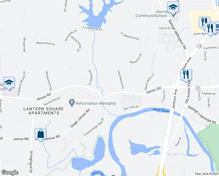 map of restaurants, bars, coffee shops, grocery stores, and more near 3942 James Road in Memphis