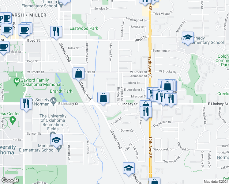 map of restaurants, bars, coffee shops, grocery stores, and more near 2010 Virginia Street in Norman
