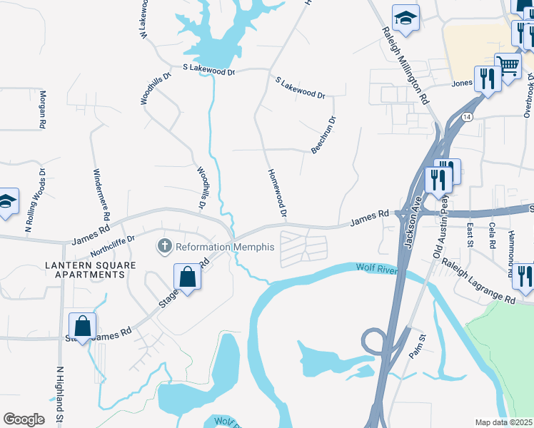 map of restaurants, bars, coffee shops, grocery stores, and more near 3942 James Road in Memphis