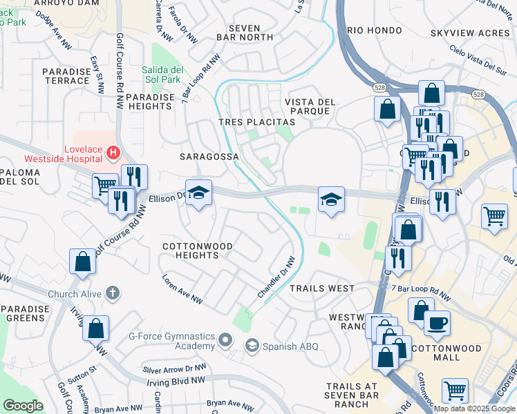 map of restaurants, bars, coffee shops, grocery stores, and more near 4263 Canada Place Northwest in Albuquerque