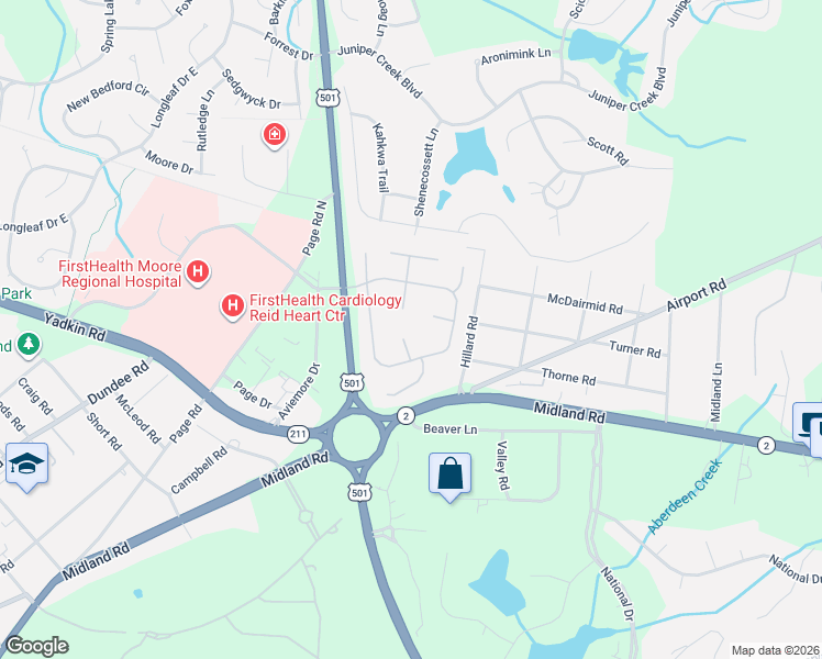 map of restaurants, bars, coffee shops, grocery stores, and more near 40 Gull Lane in Pinehurst