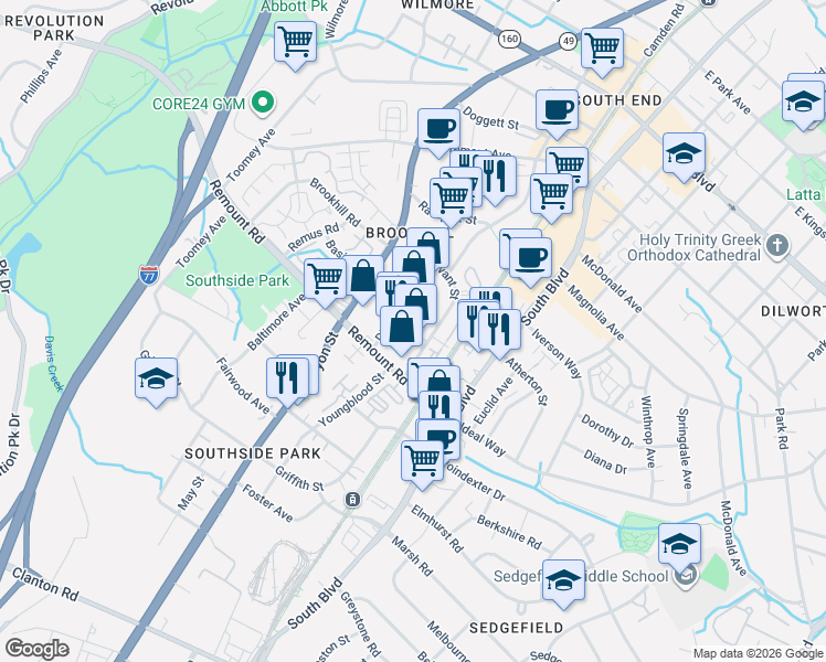 map of restaurants, bars, coffee shops, grocery stores, and more near in Charlotte