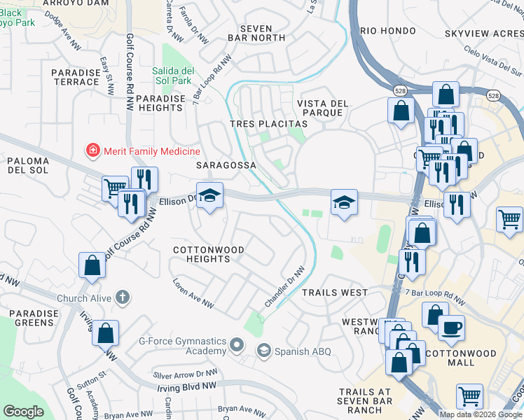 map of restaurants, bars, coffee shops, grocery stores, and more near 4263 Canada Place Northwest in Albuquerque