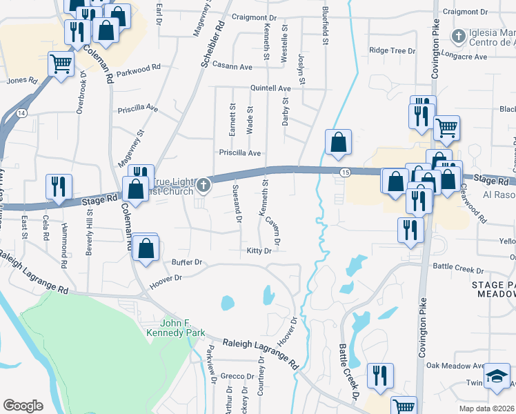 map of restaurants, bars, coffee shops, grocery stores, and more near 2905 Kenneth Street in Memphis