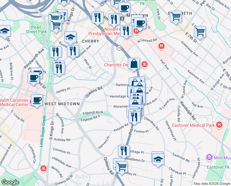 map of restaurants, bars, coffee shops, grocery stores, and more near 610 Hermitage Court in Charlotte