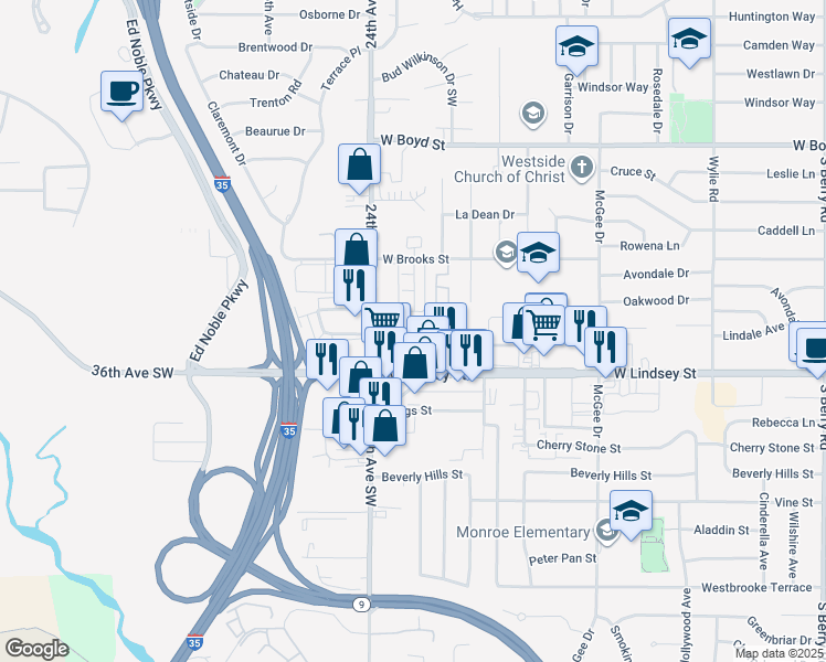 map of restaurants, bars, coffee shops, grocery stores, and more near 2170 West Brooks Street in Norman