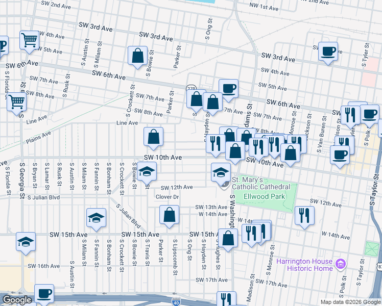 map of restaurants, bars, coffee shops, grocery stores, and more near 1210 Southwest 10th Avenue in Amarillo