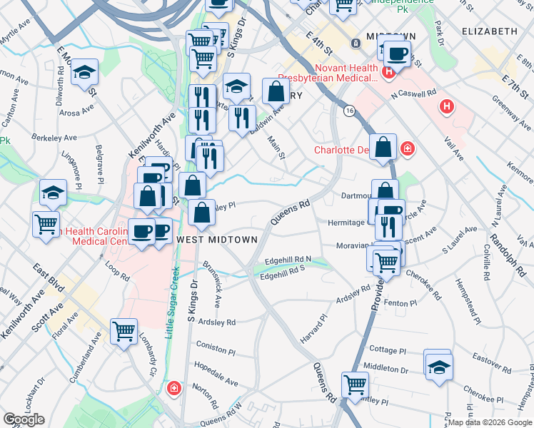 map of restaurants, bars, coffee shops, grocery stores, and more near 822 Queens Road in Charlotte